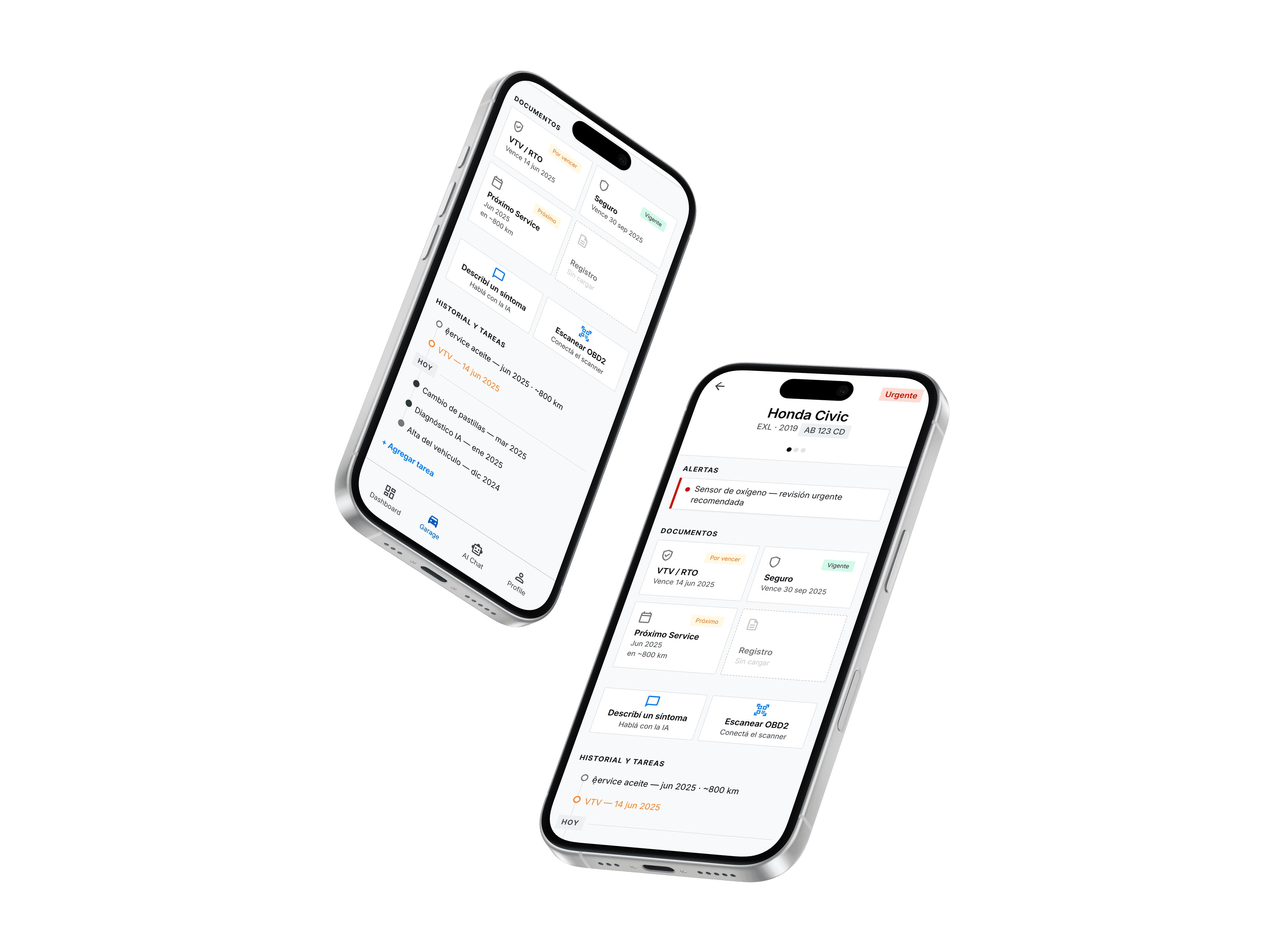 AutoLibre app — vista de garage y detalle de vehículo